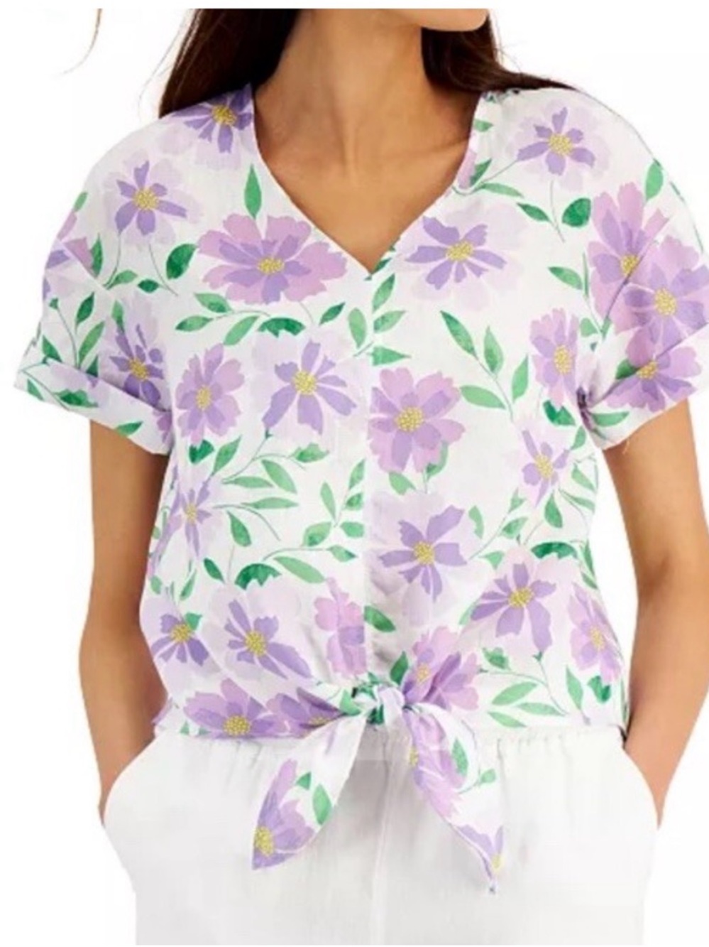 Charter Club Linen Luxury Floral Tie-Front Top Size M